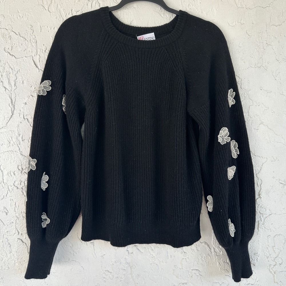 RED Valentino Wool Cashmere Silk Floral Applique Balloon Sleeve Sweater Women S